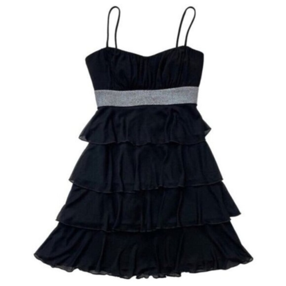 Y2K Black Babydoll Slip Dress Tiered Ruffle Rhinestone Trim